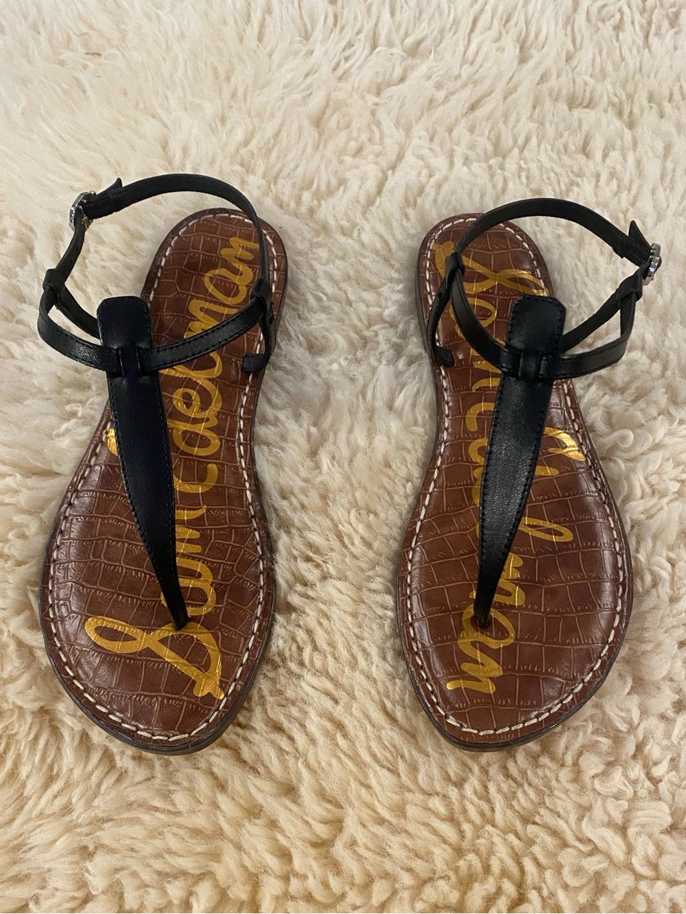 Sam Edelman Black Leather T-Strap Sandals with Brown Footbed